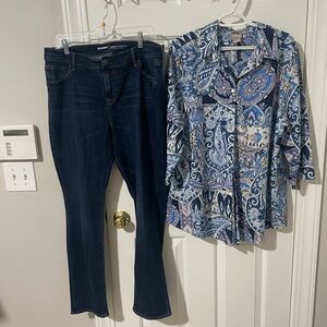Blue Paisley Button-Up Shirt Chicos xl  and sz 14L curvy jeans